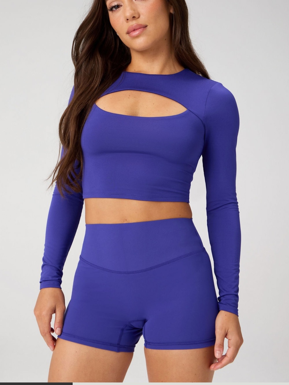 Royal Blue Two-Piece Active Set - Long Sleeve Crop Top & High-Waist Shorts - Picture 1 of 4